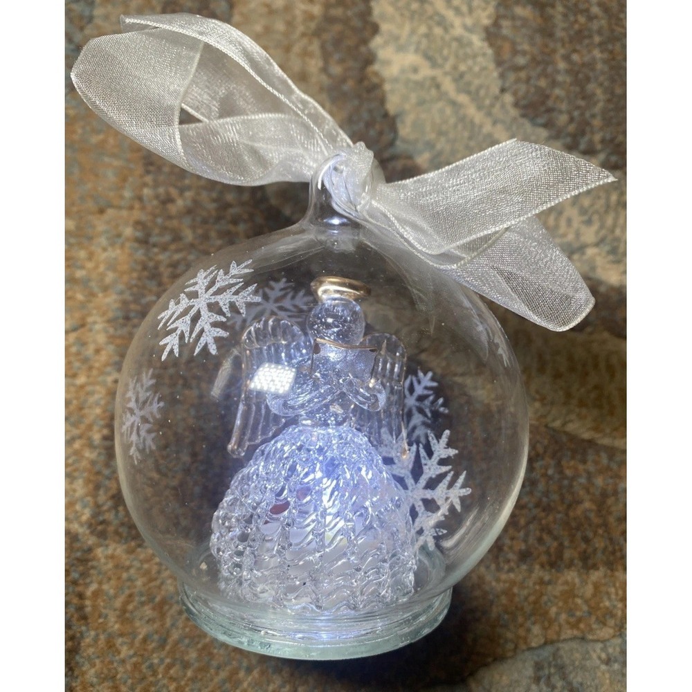 Spun Glass W/ Snowflake In A Glass Ball Light Up Ornament 3" Diameter Angel